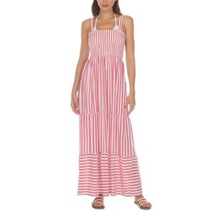 NWT Raviya Womens Pink Cream Striped Tiered Smocked Cover-Up Maxi Dress Size 2X